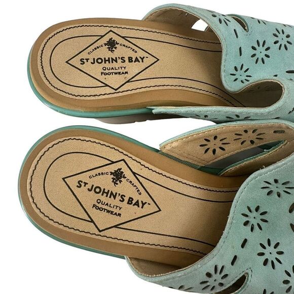 St Johns Bay Sandals Aqua Blue Wedge Open Toe Size 7.5 Laser Cut Detail Bohemian - Picture 5 of 8